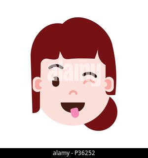 girl head emoji personage icon with facial emotions, avatar character, woman show tongue face with different female emotions concept. flat design. Stock Vector