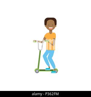 african young boy riding kick scooter over white background. cartoon full length character. flat style Stock Vector