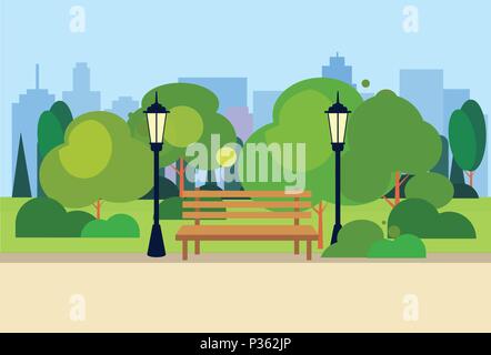 Urban park wooden bench street lamp green lawn trees on city buildings template background flat Stock Vector