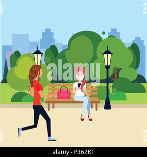 public urban park woman outdoors running sitting wooden bench street lamp green lawn trees on city buildings template background flat Stock Vector