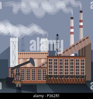 Factory building nature pollution plant pipe waste. silhouette of an oil drilling rig. flat Stock Vector