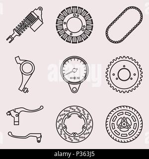 Various kinds of motorcycle parts. Thin line vector Stock Vector