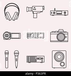 Set of audio and video equipment. Thin line vector Stock Vector