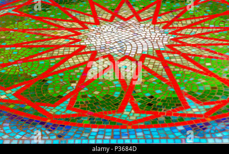 Colorful mosaic stone floor in a star burst pattern with strong red lines Stock Photo