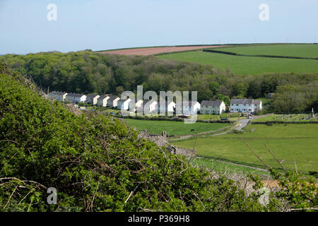 A view of a row of council houses from above the village of Dale   with a view of Milford Haven across the bay in Pembrokeshire Wales UK  KATHY DEWITT Stock Photo