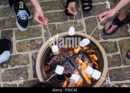 People toasting marshmellows on open fire pit at garden party Stock Photo
