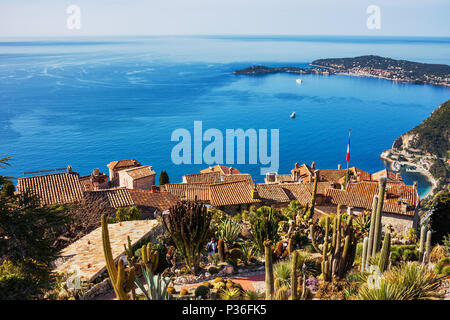 View above Eze village houses and botanical garden to Mediterranean Sea, French Riviera - Cote d'Azur, France Stock Photo