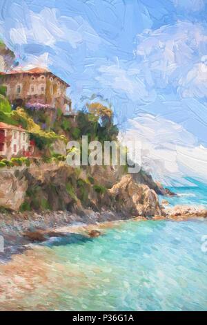 Digital art painting of an original photo of beautiful houses on rocks near the ocean in Italy. This impressionist oil painting canvas effect produces Stock Photo