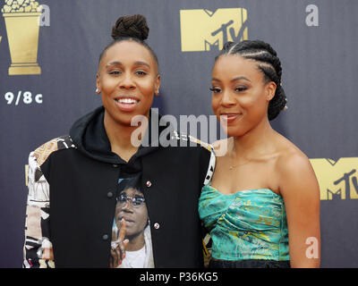 Lena Waithe, left, and her girlfriend, Alana Mayo attending the 2018 MTV Movie and TV Awards held at the Barker Hangar in Los Angeles, USA. PRESS ASSOCIATION Photo. Picture date: Saturday June 16, 2018. Photo credit should read: Francis Specker/PA Wire Stock Photo