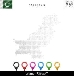 Vector Dotted Map of Pakistan. Simple Silhouette of Pakistan. National Flag of Pakistan. Set of Multicolored Map Markers Stock Vector