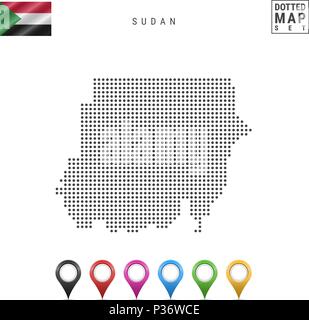 Vector Dotted Map of Sudan. Simple Silhouette of Sudan. The National Flag of Sudan. Set of Multicolored Map Markers Stock Vector