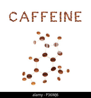 Caffeine chemical molecule structure. The structural formula of caffeine made with dark brown coffee beans. Stock Photo