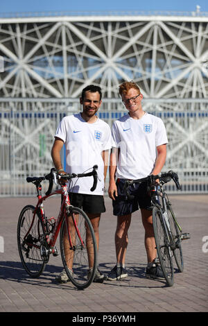 Jamie Marriott 28 and Mitchell Jones 24 (right) arrive at the Volgograd Arena in Volgograd, which will host four group games of the 2018 FIFA World Cup in Russia. Marriott and Mitchell have cycled from the UK for the World Cup. Stock Photo