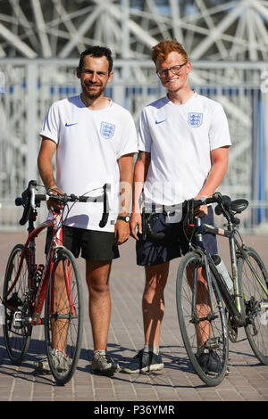 Jamie Marriott 28 and Mitchell Jones 24 (right) arrive at the Volgograd Arena in Volgograd, which will host four group games of the 2018 FIFA World Cup in Russia. Marriott and Mitchell have cycled from the UK for the World Cup. Stock Photo