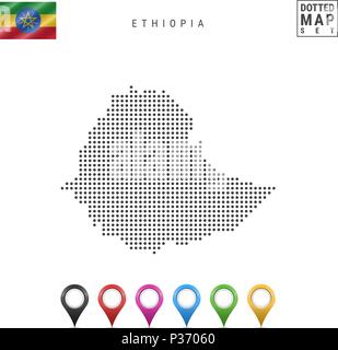 Vector Dotted Map of Ethiopia. Simple Silhouette of Ethiopia. National Flag of Ethiopia. Set of Multicolored Map Markers Stock Vector