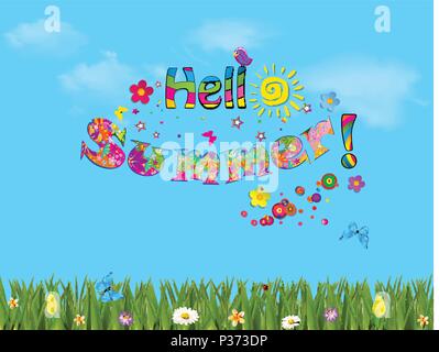 Sunny blue cloudy sky background with lettering Hello Summer. Butterflies flying above the grass and flowers, vector illustration, cartoon lettering c Stock Vector