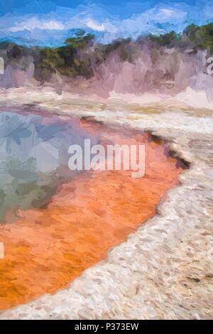 Digital art painting of an original photo of Champagne Pool at Waiotapu Thermal Wonderland in New Zealand. This oil painting canvas effect produces a  Stock Photo