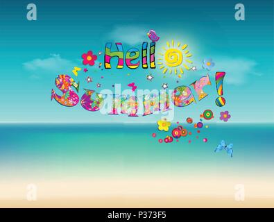 Hello summer vector cartoon lettering typography with cute elements as sun, birds, bright floral pattern on sea beach and cloudy sky background. Calli Stock Vector