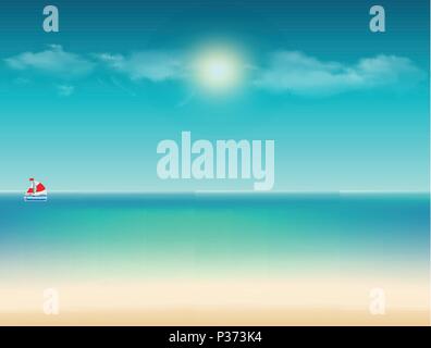 Vector tranquil summer tropical illustration with ocean view, sail boat and sea sandy beach under the bright sun shining, cloudy blue sky and empty co Stock Vector
