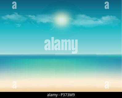 Vector tranquil summer tropical illustration with ocean view and sea sandy beach under the bright sun shining, cloudy blue sky and empty copy space fo Stock Vector