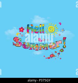 Hello summer cartoon lettering typography with cute elements as sun, birds, bright floral pattern isolated on blue sky cloudy background. Calligraphy  Stock Vector