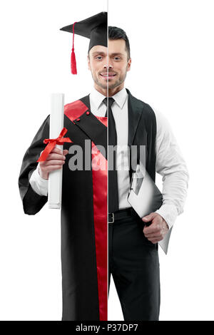 Comparison of manager and university graduate's outlook. Manager wearing classic white shirt with black tie and keeping black folder. Student wearing black and red graduation gown, keeping diploma. Stock Photo