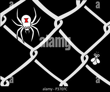 Black Widow Spider and Bug In Chain Link Fence Stock Photo