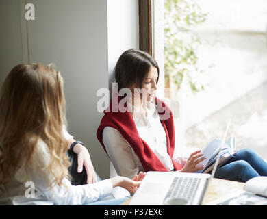 Two female students working for educational project together. Sitting in spacy room with big panoramic windows, using laptop.Wearing casual white shirts , red cardigsn and blue jeans. Freelancers. Stock Photo
