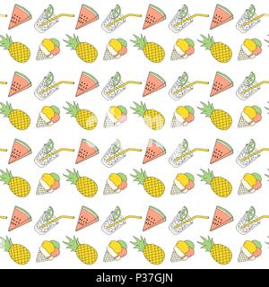 Colorful summer seamless pattern with tropical fruits and ice cream. Vector Stock Vector