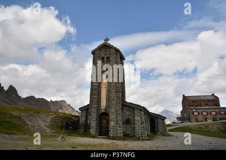 Stone church at Col de l'Iseran  mountain pass in France, the highest paved pass in the Alps,part of the Graian Alps, in the department of Savoie. Stock Photo