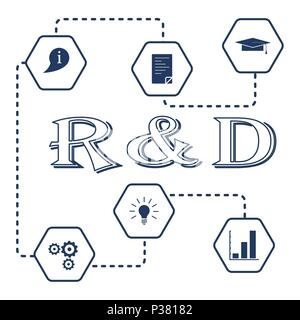 Research and development concept. Graduate cap, document, information icon, gears, idea in bulb shape, bar chart. Stock Vector