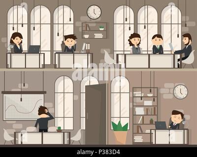 Office people with office desk and Business meeting or teamwork, brainstorming in flat style vector illustration - Creative Workplace Space two floors Stock Vector