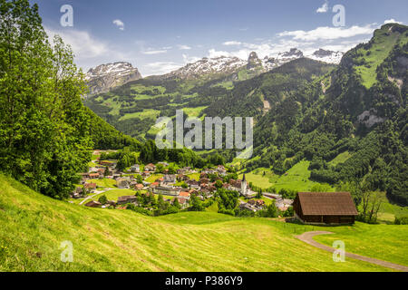 Stunning landscape panorama of Swiss Alps, Fronalpstock, Klingenstock and Chaiserstock and Illgau. Illgau is a village in Schwyz District in the canto Stock Photo