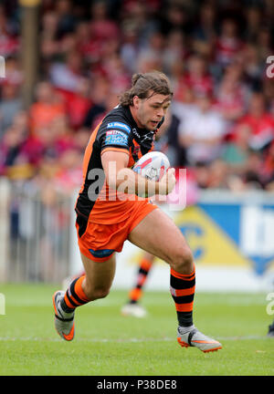 Alex Foster (17) of Castleford Tigers receives treatment before being ...