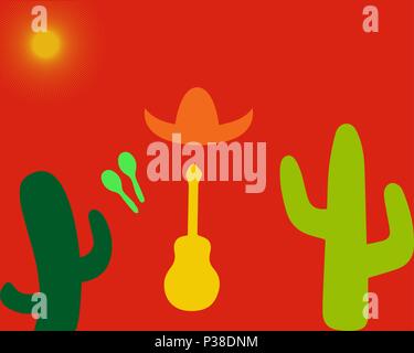 Set from a guitar, maracases, cactuses and sombreros on a orange background. Vector illustration. Mexico Stock Vector