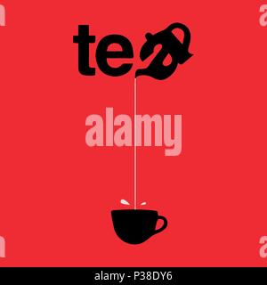 The inscription is TEA. The letter A in the form of a teapot, from which the tea flows into a mug. Vector illustration on a bright red background. Stock Vector
