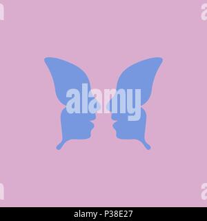 Silhouettes of people in the form of butterfly wings. A simple vector illustration. Blue butterfly on a pink background. Stock Vector