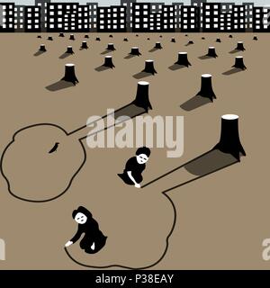 Children draw trees from stumps. Vector illustration. Urbanization is an ecological problem. Stock Vector