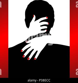 A pair of hugging people. Vector illustration in 3 colors red, black, white Stock Vector