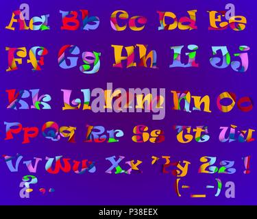 The alphabet made in the paper cut equipment. Vector illustration. The multi colored letters on a purple background. Stock Vector