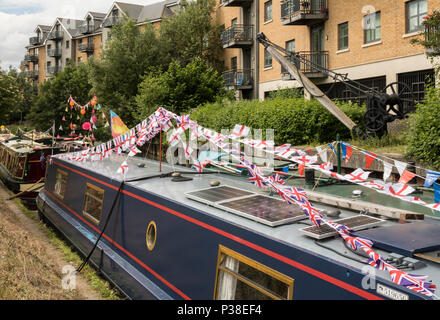 Narrow Boats Dressed Overall on River Stort for Festival Stock Photo