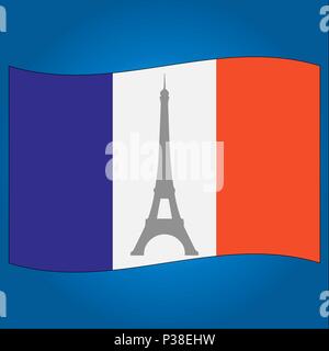 Flag of France with the Eiffel Tower. Vector illustration. A flag on a blue background. Stock Vector