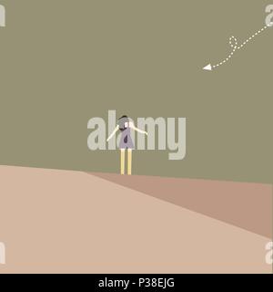 The girl stand on the edge of the field. In a palate flies paper miniature aircraft. A vectorial illustration in style minimalism. Stock Vector