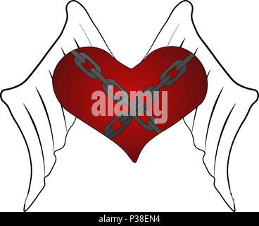 The abstract flying heart with wings and chains. Vector illustration. The red heart isolated on a white background. Stock Vector
