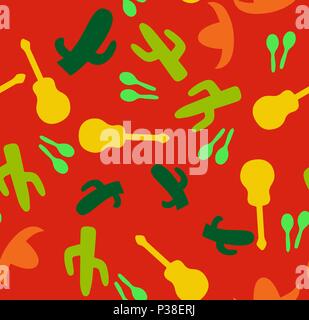 Bright Mexican pattern. Vector illustration. Multi colored sombreros, cactuses, a guitar and maracases on a red background. Stock Vector