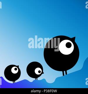 Abstract round birdies. Amusing vector illustration of three birdies. Black to a birdie on a blue background with a gradient. Stock Vector