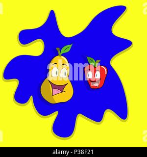 Apple and pear. A cartoon vector illustration on a bright blue and yellow background. The anthropomorphous person at fruit. Stock Vector