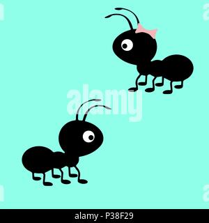 Cartoon couple of ants. Black ants on a blue background. Flat vector illustration. Stock Vector