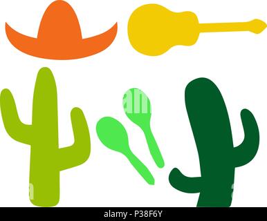 Set from a guitar, maracases, cactuses and sombreros isolated on a white background. Vector illustration. Mexico Stock Vector