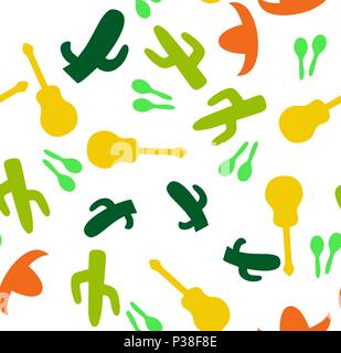 The Mexican pattern on a white background. Vector illustration. Color guitar, maracases, sombrero and cactus. Stock Vector